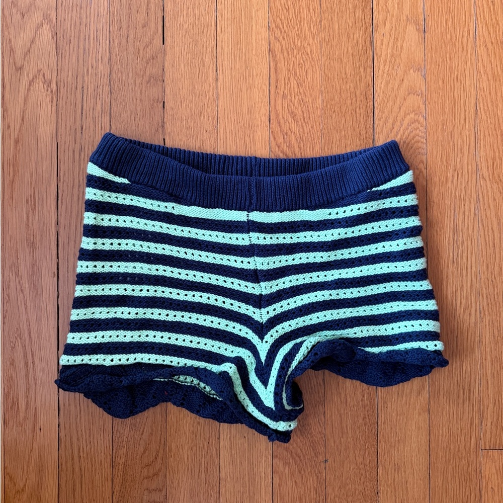 Mango Navy and Mint Striped Women Shorts